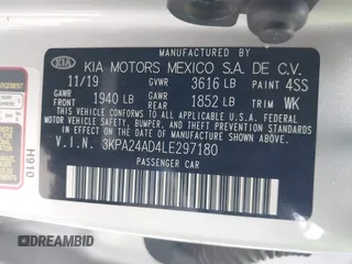 2020 Kia Rio LX with VIN 3KPA24AD4LE297180, listed as a IAAI auction lot 41498864 with 121,090 mi miles. Bid and sale history available at carsss.com. Image 9.