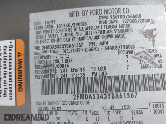 2000 Ford Windstar SEL with VIN 2FMDA5343YBA61567, listed as a IAAI auction lot 42631525 with 306,454 mi miles and . Bid and sale history available at DreamBid. Image 9.