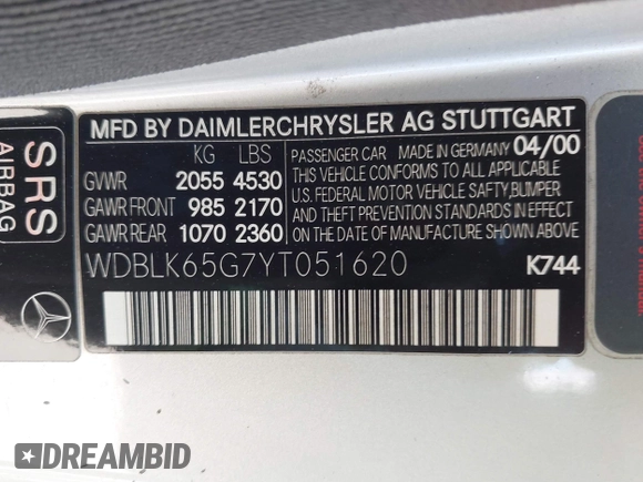 2000 Mercedes-Benz CLK with VIN WDBLK65G7YT051620, listed as a IAAI auction lot 41870818 with 141,676 mi miles and . Bid and sale history available at carsss.com. Image 9.