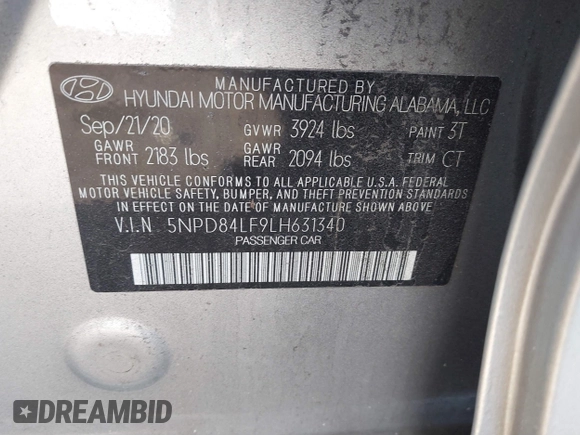 2020 Hyundai Elantra SEL with VIN 5NPD84LF9LH631340, listed as a IAAI auction lot 41606981 with 85,243 mi miles and . Bid and sale history available at DreamBid. Image 9.