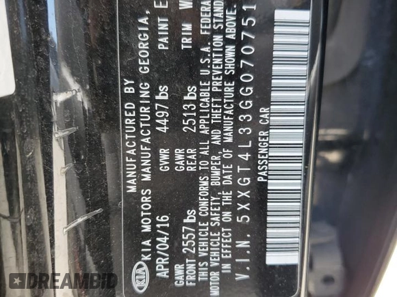 2016 Kia Optima LX z VIN 5XXGT4L33GG070751, wystawiony jako Copart lot #55944535 z przebiegiem 191 694 mil mil oraz Szkoda całkowita • Salvage title. Historia ofert i sprzedaży dostępna na DreamBid. Obrazek 12.