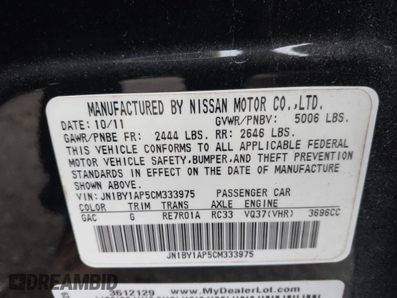 2012 Infiniti M with VIN JN1BY1AP5CM333975, listed as a IAAI auction lot 41701701 with 130,828 mi miles and . Bid and sale history available at DreamBid. Image 9.