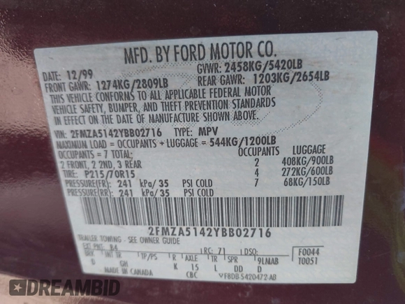 2000 Ford Windstar LX with VIN 2FMZA5142YBB02716, listed as a IAAI auction lot 42479079 with Not provided miles and . Bid and sale history available at DreamBid. Image 9.