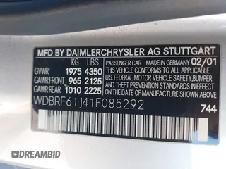 2001 Mercedes-Benz C 230/260/280/320 with VIN WDBRF61J41F085292, listed as a IAAI auction lot 41378218 with 162,485 mi miles and . Bid and sale history available at DreamBid. Image 9.