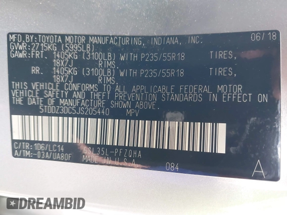 2018 Toyota Sienna XLE with VIN 5TDDZ3DC5JS205440, listed as a IAAI auction lot 41090557 with 50,775 mi miles. Bid and sale history available at carsss.com. Image 9.