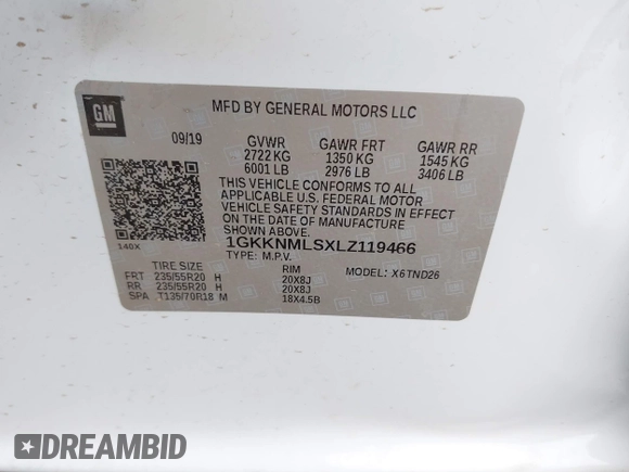2020 GMC Acadia SLT with VIN 1GKKNMLSXLZ119466, listed as a IAAI auction lot 42455191 with 40,447 mi miles and . Bid and sale history available at DreamBid. Image 9.