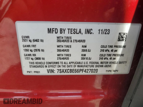 2023 Tesla Model X Plaid with VIN 7SAXCBE66PF427020, listed as a Copart auction lot 53890405 with 30,575 mi miles and Salvage Title. Bid and sale history available at DreamBid. Image 14.