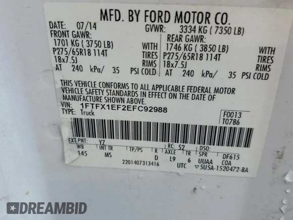 2014 Ford F-150 XL with VIN 1FTFX1EF2EFC92988, listed as a Copart auction lot 44261055 with 235,903 mi miles and Salvage title. Bid and sale history available at DreamBid. Image 12.