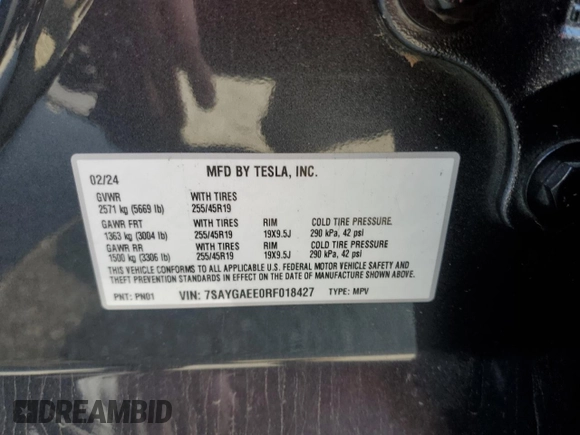 2024 Tesla Model Y Long Range with VIN 7SAYGAEE0RF018427, listed as a Copart auction lot 42455075 with 13,347 mi miles and Salvage Title. Bid and sale history available at DreamBid. Image 14.