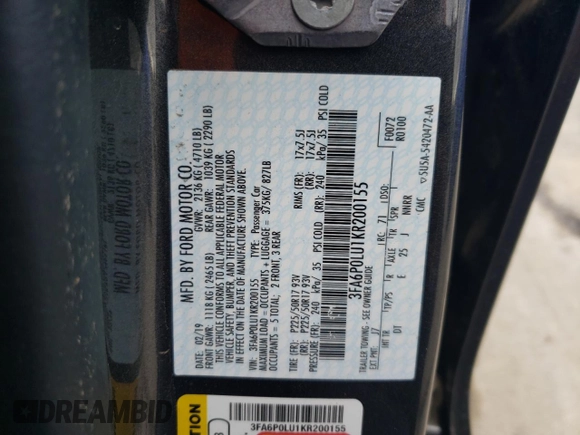 2019 Ford Fusion Hybrid SE with VIN 3FA6P0LU1KR200155, listed as a Copart auction lot 42598013 with 61,762 mi miles. Bid and sale history available at carsss.com. Image 12.