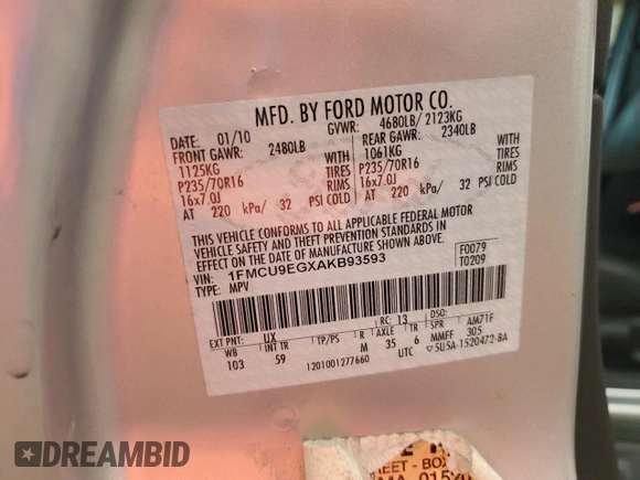2010 Ford Escape Limited with VIN 1FMCU9EGXAKB93593, listed as a Copart auction lot 62239655 with 131,746 mi miles and Salvage title. Bid and sale history available at DreamBid. Image 12.