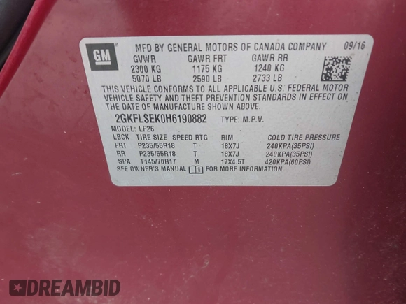 2017 GMC Terrain SLE with VIN 2GKFLSEK0H6190882, listed as a IAAI auction lot 42001517 with 141,592 mi miles. Bid and sale history available at carsss.com. Image 9.