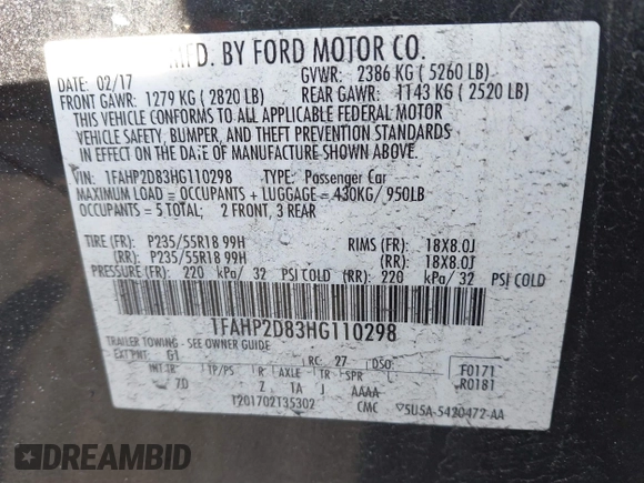 2017 Ford Taurus SE with VIN 1FAHP2D83HG110298, listed as a IAAI auction lot 41711940 with 110,022 mi miles and . Bid and sale history available at DreamBid. Image 9.