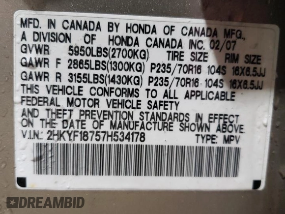 2007 Honda Pilot EX-L with VIN 2HKYF18757H534178, listed as a Copart auction lot 55444695 with 207,918 mi miles and Salvage Title. Bid and sale history available at DreamBid. Image 13.