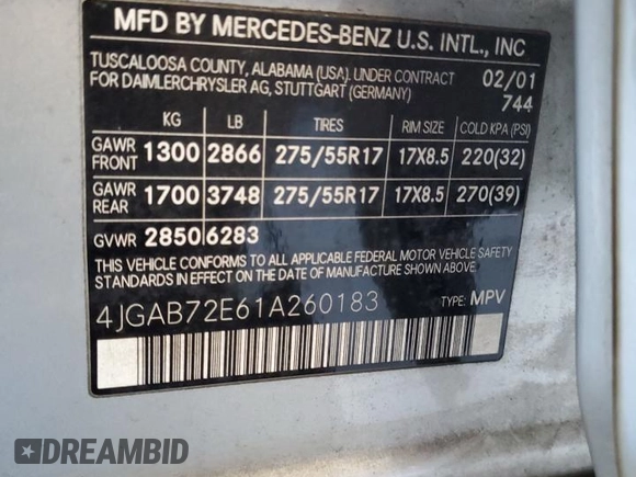 2001 Mercedes-Benz M 320/430/500 with VIN 4JGAB72E61A260183, listed as a Copart auction lot 58892655 with 71,651 mi miles and Clean title. Bid and sale history available at DreamBid. Image 13.