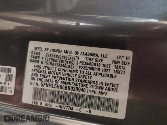 2011 Honda Odyssey Touring Elite with VIN 5FNRL5H96BB030946, listed as a IAAI auction lot 41465741 with 122,678 mi miles and . Bid and sale history available at DreamBid. Image 9.