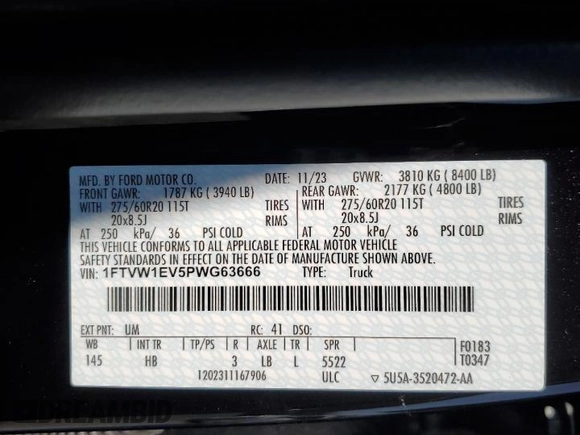 2023 Ford F-150 Lightning Pro with VIN 1FTVW1EV5PWG63666, listed as a Copart auction lot 60998415 with 35,089 mi miles and Salvage title. Bid and sale history available at DreamBid. Image 13.