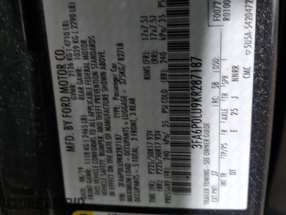 2019 Ford Fusion Hybrid SE with VIN 3FA6P0LU9KR287187, listed as a Copart auction lot 52704565 with 52,543 mi miles and Salvage Title. Bid and sale history available at carsss.com. Image 14.