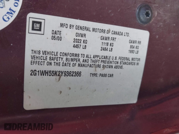 2000 Chevrolet Impala LS z VIN 2G1WH55K2Y9362366, wystawiony jako IAAI lot #41151201 z przebiegiem 191 591 mil mil oraz . Historia ofert i sprzedaży dostępna na DreamBid. Obrazek 9.