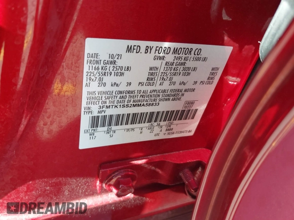 2021 Ford Mustang Mach-E Select with VIN 3FMTK1SS2MMA58833, listed as a IAAI auction lot 42011399 with 109,076 mi miles and . Bid and sale history available at DreamBid. Image 9.