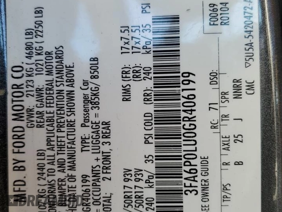 2016 Ford Fusion SE Hybrid with VIN 3FA6P0LU0GR406199, listed as a Copart auction lot 59146465 with 164,490 mi miles and Salvage title. Bid and sale history available at DreamBid. Image 13.