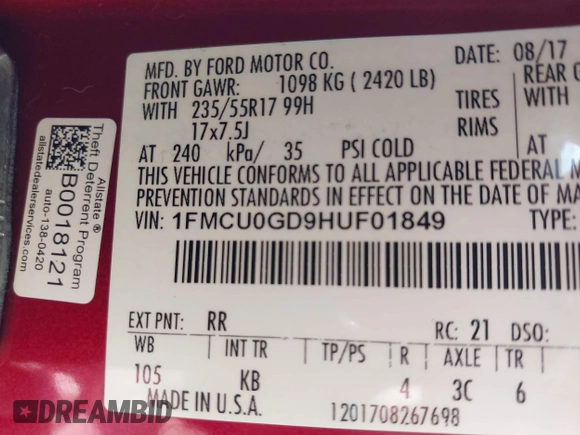 2017 Ford Escape SE z VIN 1FMCU0GD9HUF01849, wystawiony jako IAAI lot #42410230 z przebiegiem 177 423 mil mil oraz . Historia ofert i sprzedaży dostępna na DreamBid. Obrazek 9.