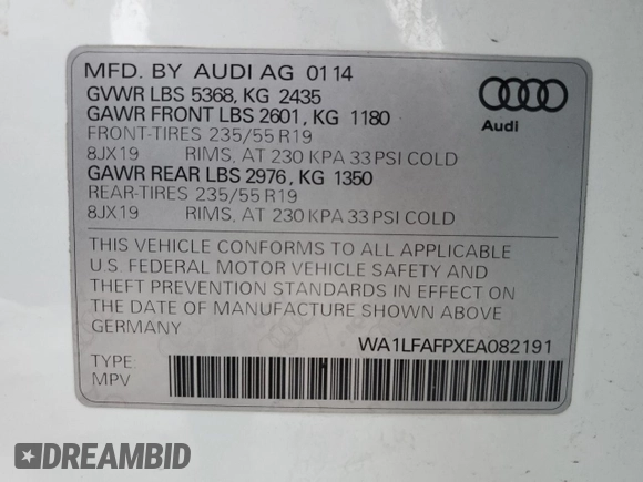 2014 Audi Q5 Premium Plus with VIN WA1LFAFPXEA082191, listed as a Copart auction lot 85557914 with 130,037 mi miles and Salvage Title. Bid and sale history available at carsss.com. Image 14.
