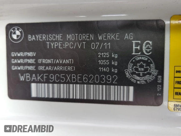 2011 BMW 3 Series 335i xDrive with VIN WBAKF9C5XBE620392, listed as a Copart auction lot 64293505 with 136,286 mi miles and Clean title. Bid and sale history available at DreamBid. Image 12.