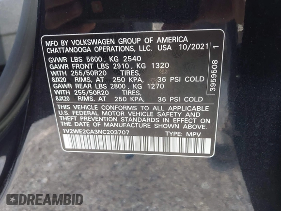 2022 Volkswagen Atlas SE с VIN 1V2WE2CA3NC203707, выставлен на аукционе IAAI как лот 42234723 с пробегом 50 609 миль миль и . История ставок и продаж доступна на DreamBid. Изображение 9.