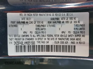 2021 Mazda 3 Select with VIN 3MZBPABLXMM251688, listed as a Copart auction lot 85704604 with 51,866 mi miles and Salvage title. Bid and sale history available at DreamBid. Image 12.