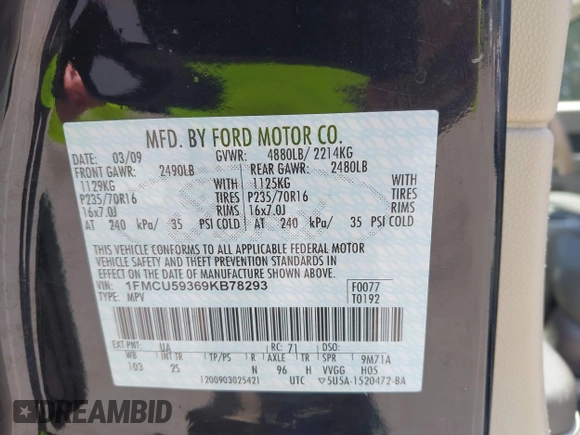 2009 Ford Escape Hybrid with VIN 1FMCU59369KB78293, listed as a IAAI auction lot 42478254 with 145,158 mi miles and . Bid and sale history available at DreamBid. Image 9.