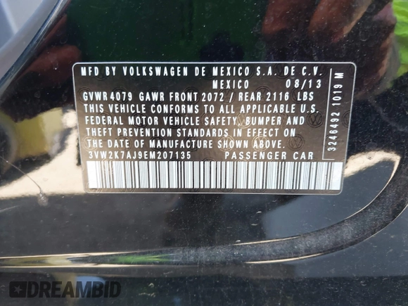 2014 Volkswagen Jetta S z VIN 3VW2K7AJ9EM207135, wystawiony jako IAAI lot #42316176 z przebiegiem 237 752 mil mil oraz . Historia ofert i sprzedaży dostępna na DreamBid. Obrazek 9.