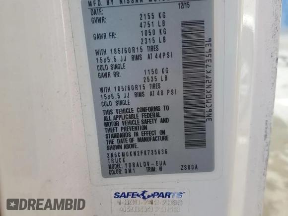 2015 Nissan NV200 S with VIN 3N6CM0KN2FK735636, listed as a Copart auction lot 47462215 with 67,579 mi miles and Salvage title. Bid and sale history available at DreamBid. Image 13.