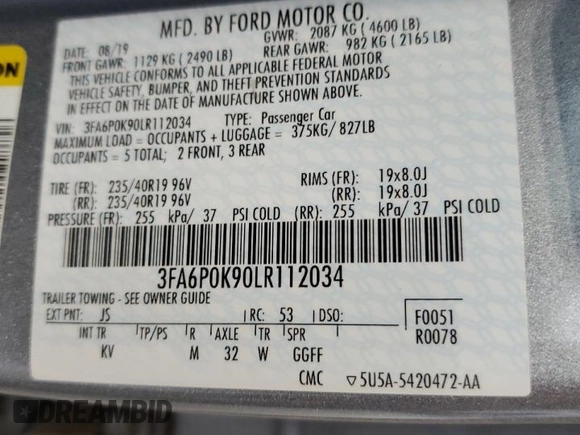 2020 Ford Fusion Titanium с VIN 3FA6P0K90LR112034, выставлен на аукционе Copart как лот 56740025 с пробегом 89 117 миль миль и Списание • Salvage title. История ставок и продаж доступна на DreamBid. Изображение 12.