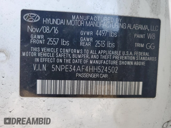 2017 Hyundai Sonata Sport with VIN 5NPE34AF4HH524502, listed as a Copart auction lot 48849035 with 104,865 mi miles and Salvage Title. Bid and sale history available at DreamBid. Image 13.