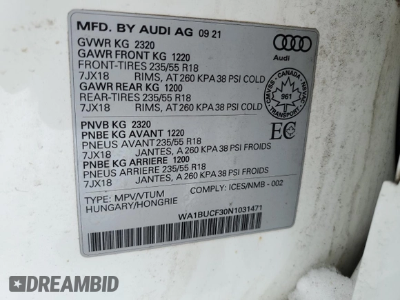 2022 Audi Q3 Premium Plus z VIN WA1BUCF30N1031471, wystawiony jako Copart lot #46441275 z przebiegiem 33 268 mil mil oraz Szkoda całkowita • Salvage title. Historia ofert i sprzedaży dostępna na DreamBid. Obrazek 12.