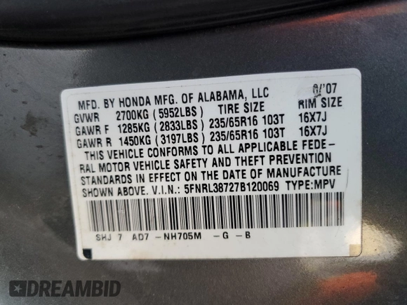 2007 Honda Odyssey EX-L with VIN 5FNRL38727B120069, listed as a Copart auction lot 89003625 with 234,863 mi miles and Salvage Title. Bid and sale history available at carsss.com. Image 13.