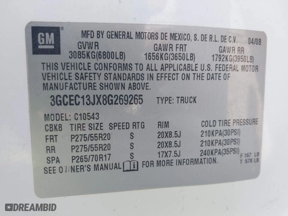 2008 Chevrolet Silverado 1500 LTZ with VIN 3GCEC13JX8G269265, listed as a IAAI auction lot 41866595 with 217,985 mi miles. Bid and sale history available at carsss.com. Image 9.