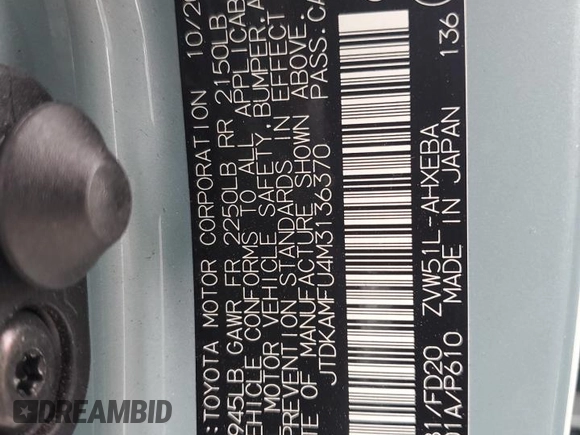 2021 Toyota Prius L Eco with VIN JTDKAMFU4M3136370, listed as a Copart auction lot 53513905 with 63,165 mi miles and Salvage title. Bid and sale history available at DreamBid. Image 13.