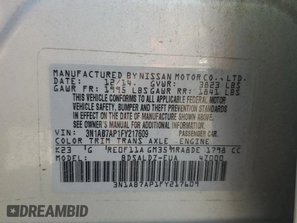 2015 Nissan Sentra SL with VIN 3N1AB7AP1FY217609, listed as a Copart auction lot 47180465 with 99,706 mi miles and Salvage Title. Bid and sale history available at DreamBid. Image 12.