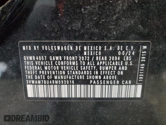 2024 Volkswagen Jetta Sport with VIN 3VWAM7BU4RM093016, listed as a Copart auction lot 46119455 with 7,873 mi miles and Salvage title. Bid and sale history available at DreamBid. Image 13.