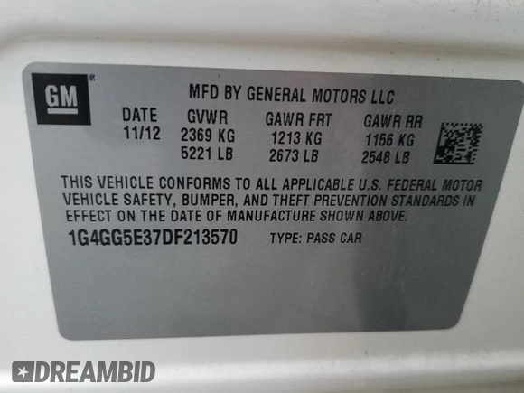 2013 Buick LaCrosse Premium 1 с VIN 1G4GG5E37DF213570, выставлен на аукционе Copart как лот 82154134 с пробегом 152 478 миль миль и Списание • Salvage title. История ставок и продаж доступна на DreamBid. Изображение 14.