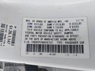 2016 Honda Accord Sport with VIN 1HGCR2F58GA067551, listed as a IAAI auction lot 41788303 with 101,033 mi miles and . Bid and sale history available at DreamBid. Image 9.