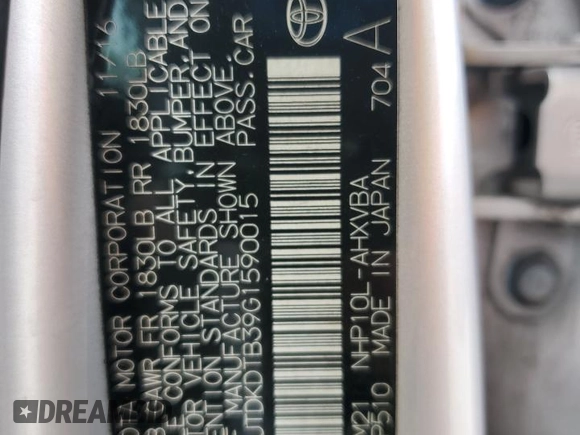 2016 Toyota Prius One z VIN JTDKDTB39G1590015, wystawiony jako Copart lot #54396425 z przebiegiem 252 383 mil mil oraz Szkoda całkowita • Salvage title. Historia ofert i sprzedaży dostępna na DreamBid. Obrazek 13.