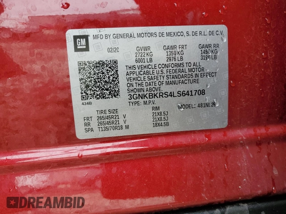 2020 Chevrolet Blazer RS с VIN 3GNKBKRS4LS641708, выставлен на аукционе Copart как лот 56632775 с пробегом 46 063 миль миль и Списание • Salvage title. История ставок и продаж доступна на DreamBid. Изображение 13.