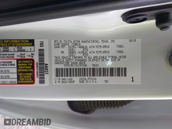 2019 Toyota Tundra SR5 z VIN 5TFHY5F17KX797348, wystawiony jako IAAI lot #41905558 z przebiegiem Nie podano mil oraz . Historia ofert i sprzedaży dostępna na DreamBid. Obrazek 9.