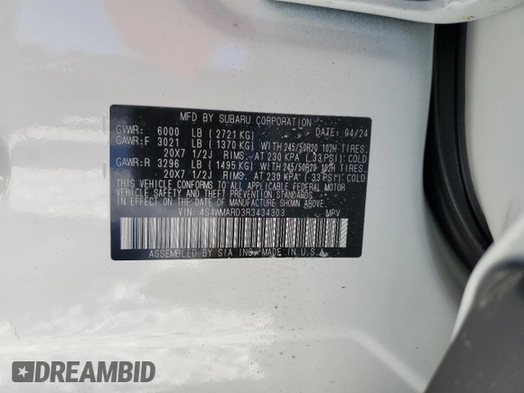 2024 Subaru Ascent Limited with VIN 4S4WMARD3R3434303, listed as a Copart auction lot 85914464 with 3,678 mi miles and Salvage title. Bid and sale history available at DreamBid. Image 14.