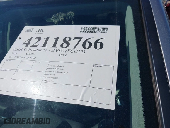 2016 Acura MDX w/Tech with VIN 5FRYD4H41GB053418, listed as a IAAI auction lot 42118766 with 72,700 mi miles. Bid and sale history available at carsss.com. Image 20.