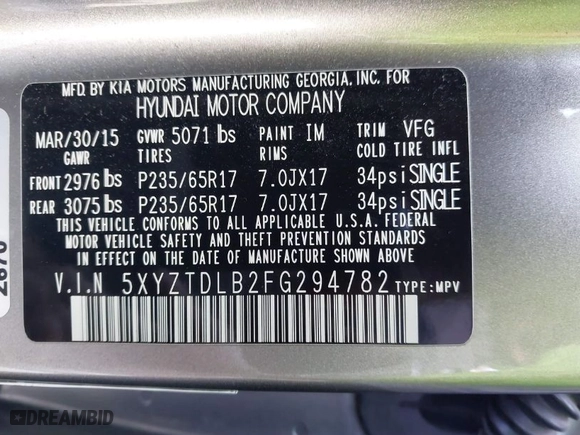 2015 Hyundai Santa Fe Sport with VIN 5XYZTDLB2FG294782, listed as a IAAI auction lot 41970007 with 144,531 mi miles. Bid and sale history available at carsss.com. Image 9.