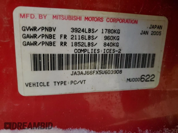 2005 Mitsubishi Lancer with VIN JA3AJ66FX5U603908, listed as a Copart auction lot 87080764 with 349,120 mi miles and Clean Title. Bid and sale history available at DreamBid. Image 13.